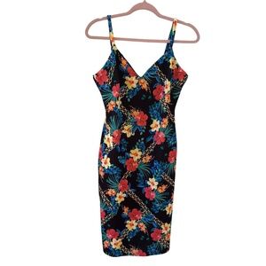 Jane Norman London Floral Tropical Bodycon Dress Black Multicolor US 8 / UK 12